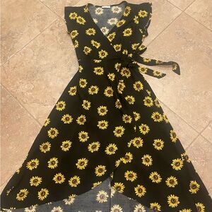 Floral High Low Wrap Dress - Black and Yellow